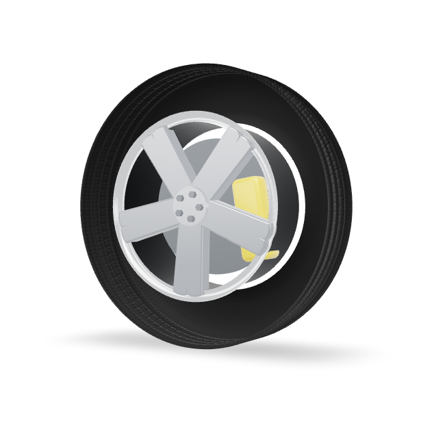 Studio render of a performance wheel with yellow brake caliper